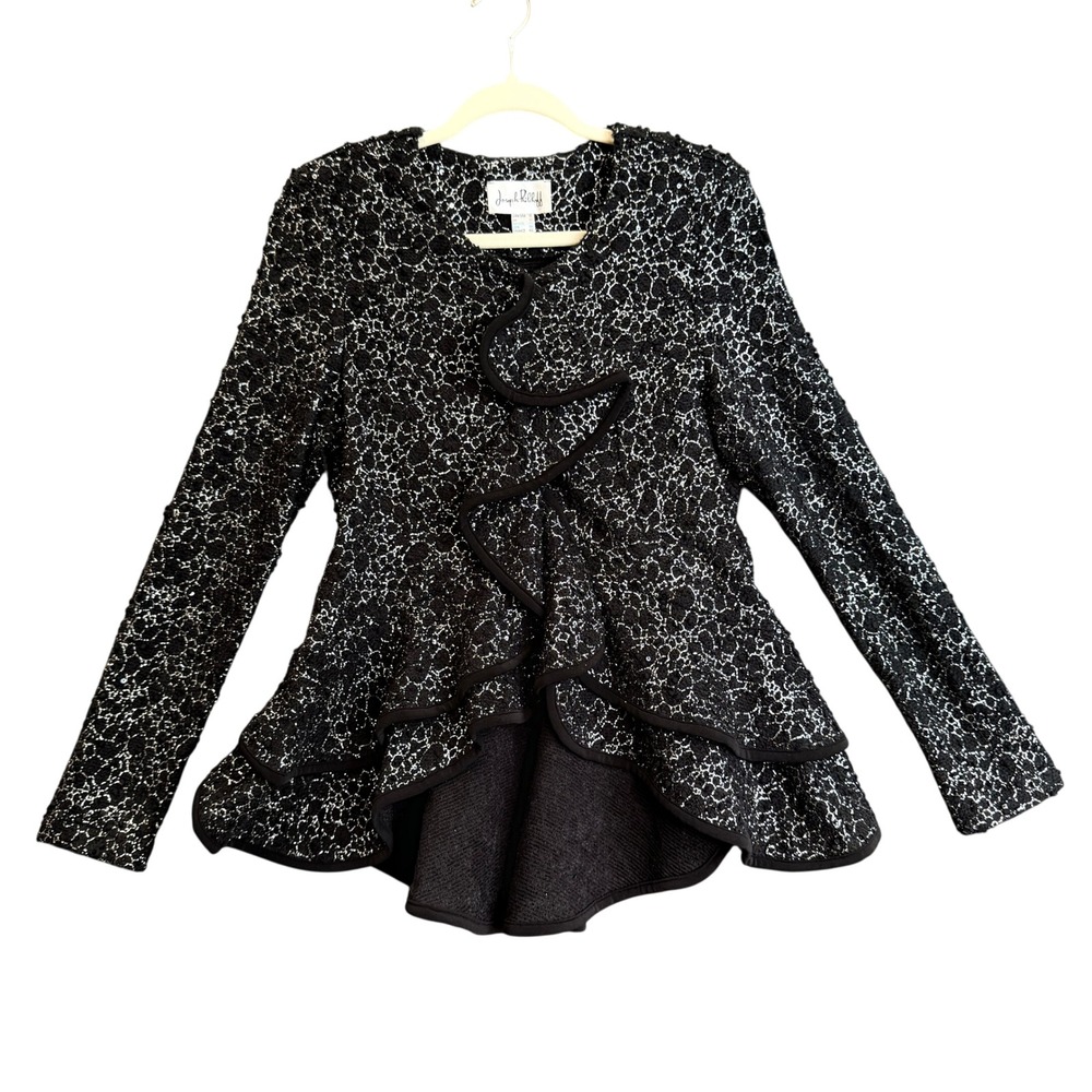 Joseph Ribkoff Womens 10 Black Silver Sequin Lace Ruffle Peplum Jacket NWT Great